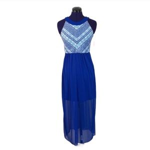 Blue White Sequins Patterned Maxi Dress